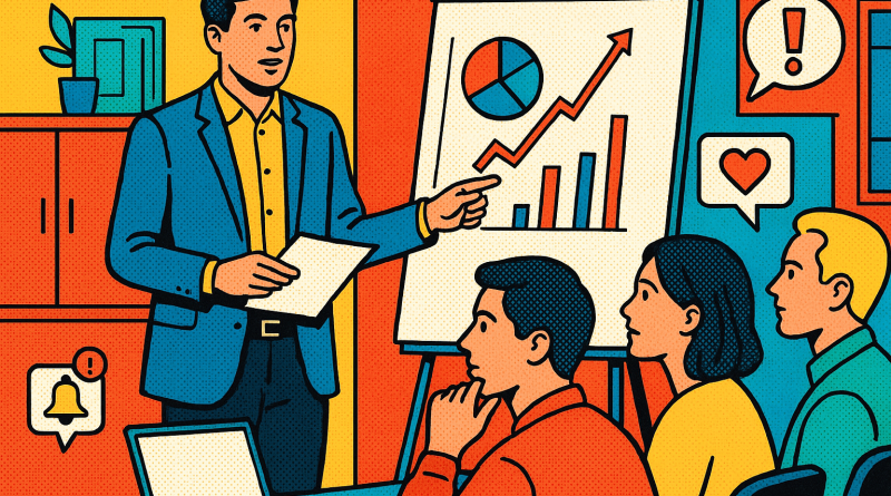 Illustration of men in casual business attire presenting in a legacy business interiors setting, with a determined mood.
