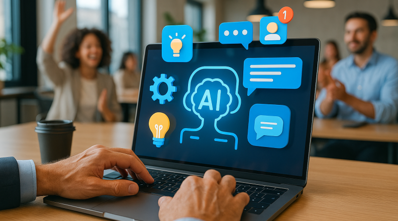 Illustration of hands using ai-powered tools in a modern coworking spaces setting, with a creative mood.