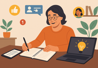 Illustration of writing in notebooks with tablets nearby in a home office setups setting, with a inspired mood.