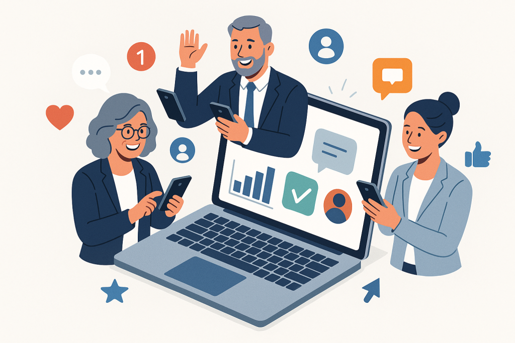 Illustration of smiling professionals with smartphones in a open laptops with productivity apps setting, with a happy mood.