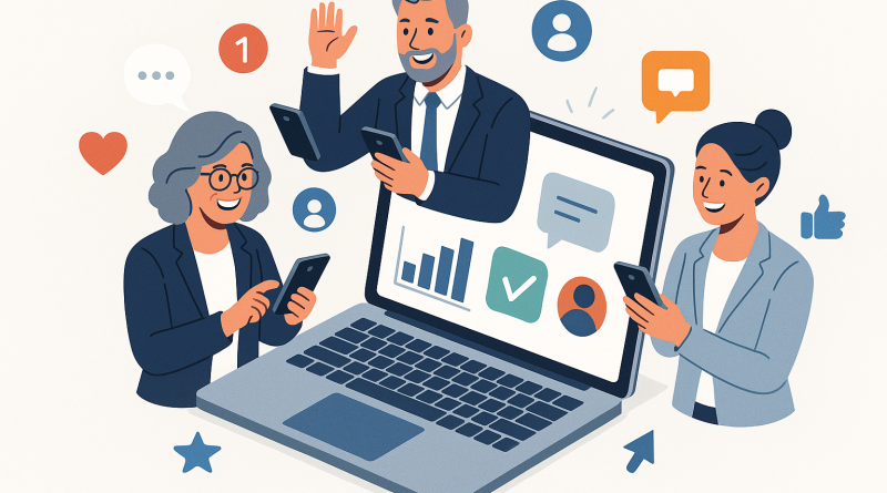 Illustration of smiling professionals with smartphones in a open laptops with productivity apps setting, with a happy mood.
