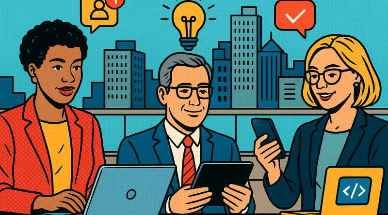 Illustration of diverse entrepreneurs over 40 in a urban rooftop offices setting, with a relaxed mood.