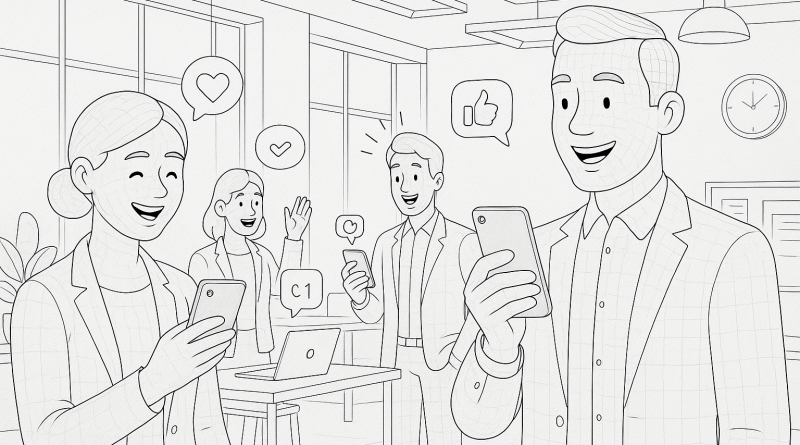 Illustration of smiling professionals with smartphones in a modern coworking spaces setting, with a happy mood.