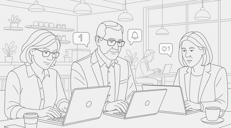 Illustration of mature professionals on laptops in a coffee shop settings setting, with a focused mood.