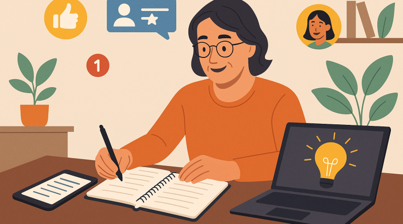 Illustration of writing in notebooks with tablets nearby in a home office setups setting, with a inspired mood.