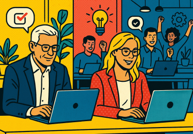 Illustration of mature professionals on laptops in a modern coworking spaces setting, with a inspired mood.