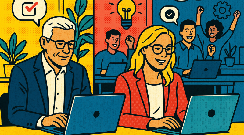 Illustration of mature professionals on laptops in a modern coworking spaces setting, with a inspired mood.