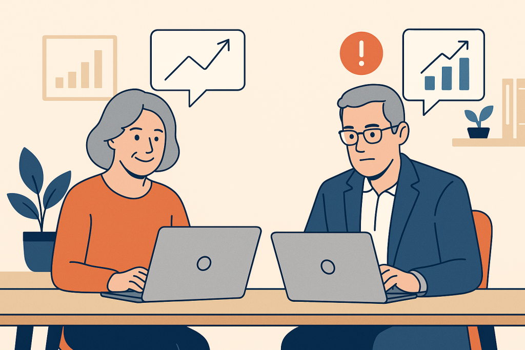 Illustration of mature professionals on laptops in a home office setups setting, with a focused mood.