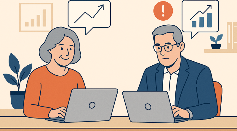 Illustration of mature professionals on laptops in a home office setups setting, with a focused mood.