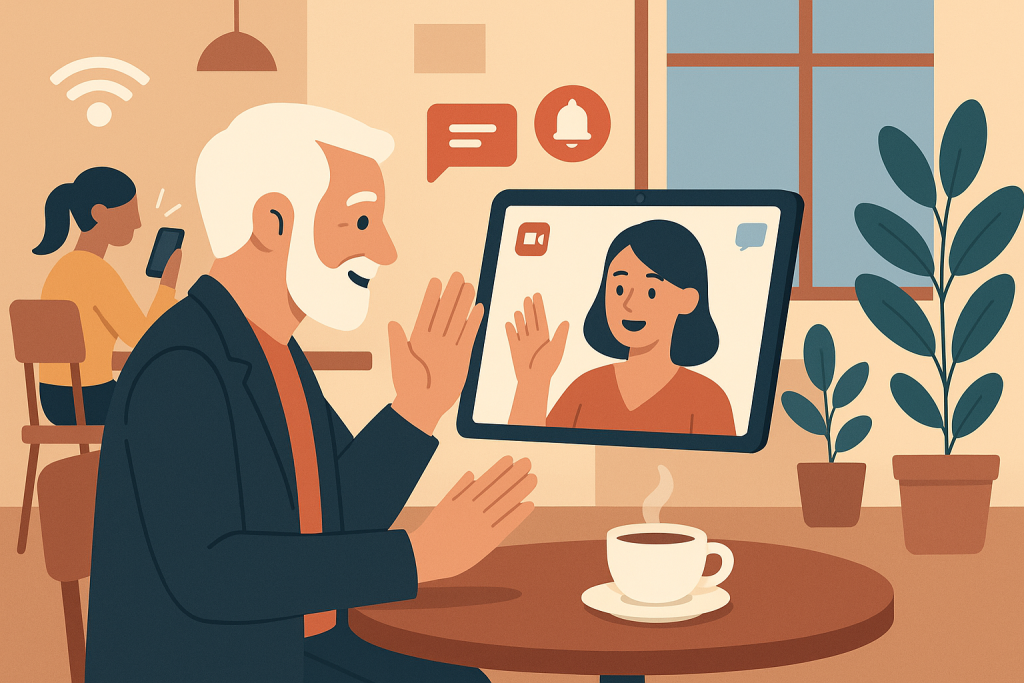 Illustration of video conferencing on tablets in a coffee shop settings setting, with a relaxed mood.