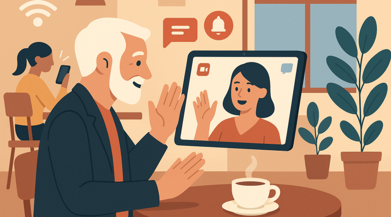 Illustration of video conferencing on tablets in a coffee shop settings setting, with a relaxed mood.