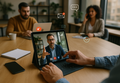 Illustration of video conferencing on tablets in a modern coworking spaces setting, with a focused mood.