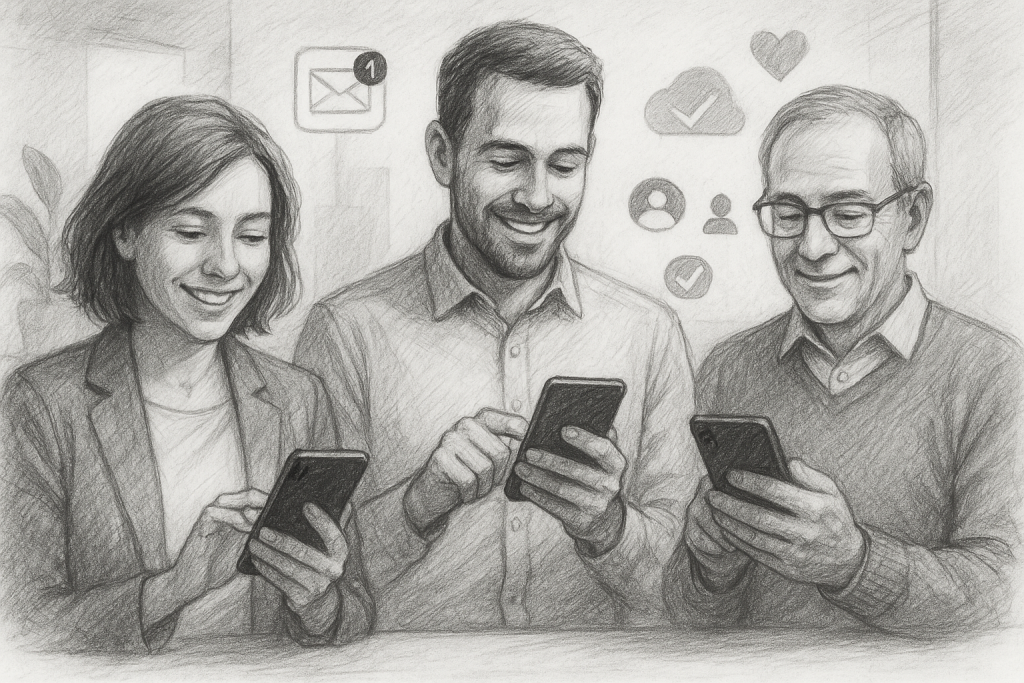 Illustration of smiling professionals with smartphones in a minimalist tech environments setting, with a focused mood.