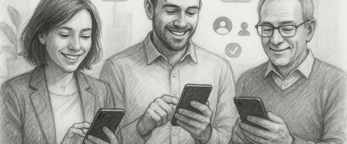 Illustration of smiling professionals with smartphones in a minimalist tech environments setting, with a focused mood.