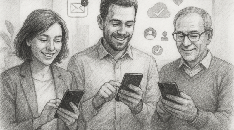 Illustration of smiling professionals with smartphones in a minimalist tech environments setting, with a focused mood.