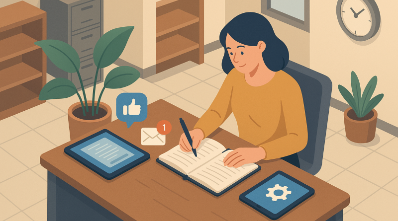 Illustration of writing in notebooks with tablets nearby in a legacy business interiors setting, with a relaxed mood.