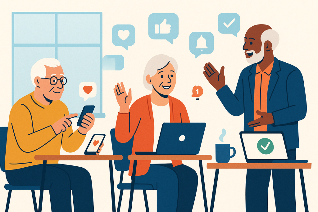 Illustration of group workshops with older attendees in a home office setups setting, with a happy mood.