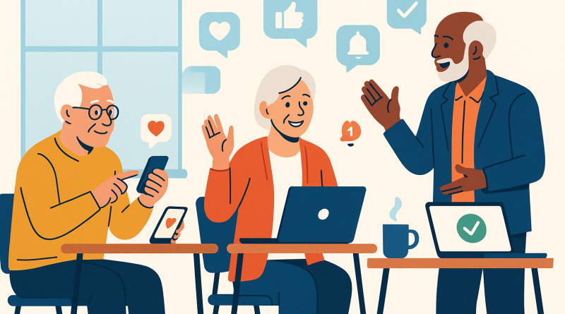 Illustration of group workshops with older attendees in a home office setups setting, with a happy mood.