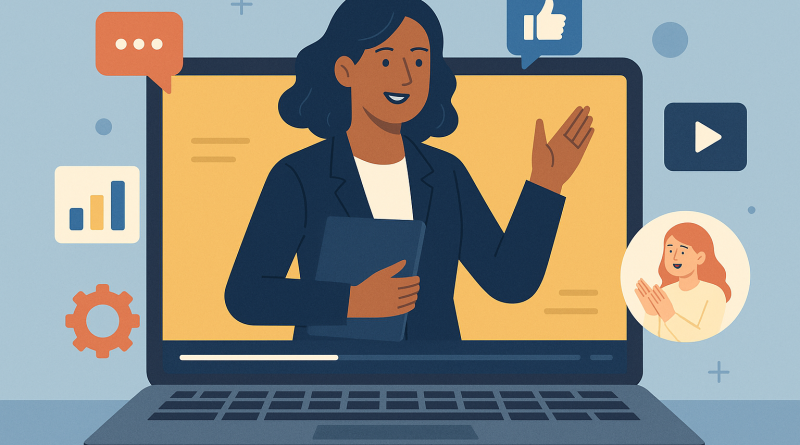 Illustration of women executives giving webinars in a open laptops with productivity apps setting, with a inspired mood.