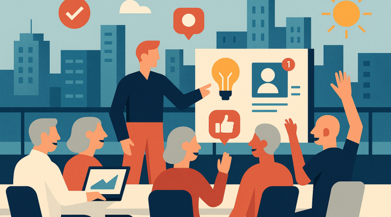 Illustration of group workshops with older attendees in a urban rooftop offices setting, with a inspired mood.