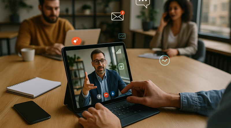 Illustration of video conferencing on tablets in a modern coworking spaces setting, with a focused mood.