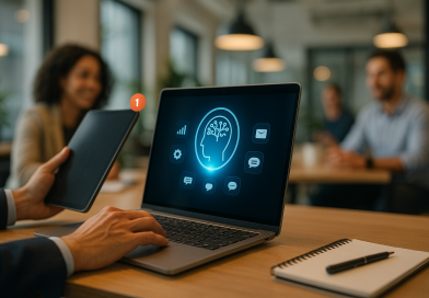 Illustration of hands using ai-powered tools in a modern coworking spaces setting, with a determined mood.