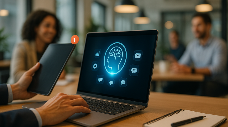 Illustration of hands using ai-powered tools in a modern coworking spaces setting, with a determined mood.