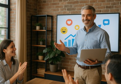 Illustration of men in casual business attire presenting in a legacy business interiors setting, with a happy mood.