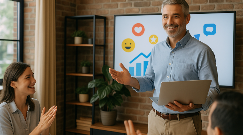Illustration of men in casual business attire presenting in a legacy business interiors setting, with a happy mood.