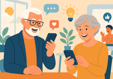 Illustration of smiling professionals with smartphones in a sunlit professional workspaces setting, with a creative mood.