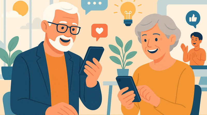Illustration of smiling professionals with smartphones in a sunlit professional workspaces setting, with a creative mood.
