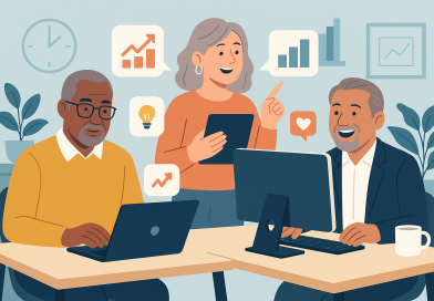 Illustration of diverse entrepreneurs over 40 in a home office setups setting, with a inspired mood.
