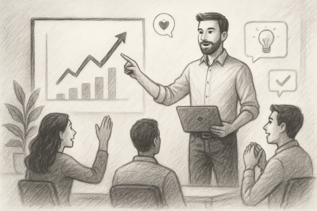 Illustration of men in casual business attire presenting in a minimalist tech environments setting, with a inspired mood.