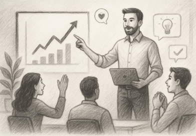 Illustration of men in casual business attire presenting in a minimalist tech environments setting, with a inspired mood.