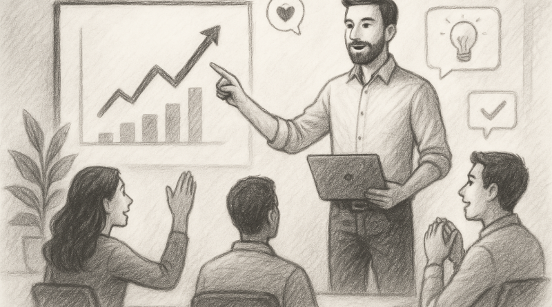 Illustration of men in casual business attire presenting in a minimalist tech environments setting, with a inspired mood.