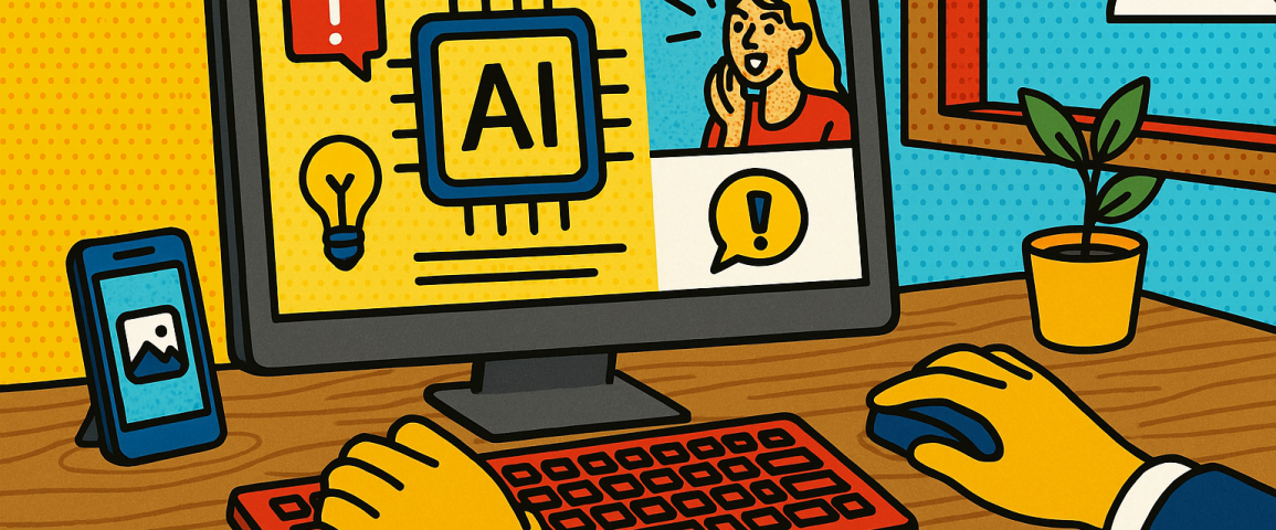Illustration of hands using ai-powered tools in a home office setups setting, with a focused mood.