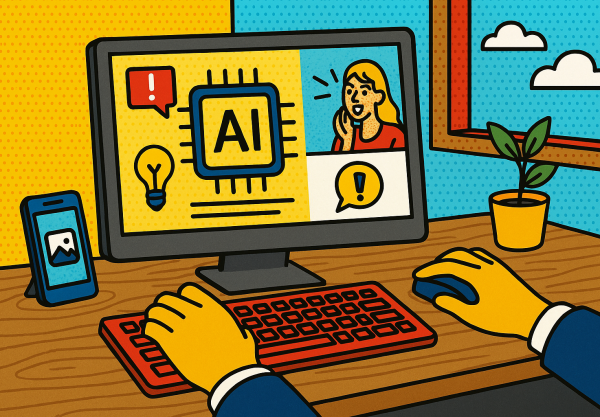 Illustration of hands using ai-powered tools in a home office setups setting, with a focused mood.