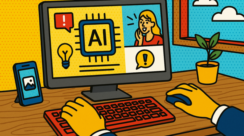 Illustration of hands using ai-powered tools in a home office setups setting, with a focused mood.