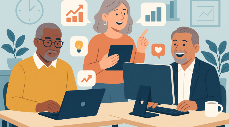 Illustration of diverse entrepreneurs over 40 in a home office setups setting, with a inspired mood.
