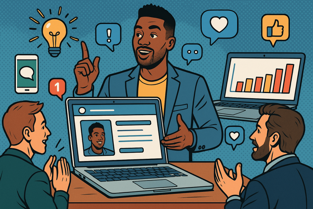 Illustration of men in casual business attire presenting in a open laptops with productivity apps setting, with a creative mood.