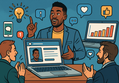 Illustration of men in casual business attire presenting in a open laptops with productivity apps setting, with a creative mood.