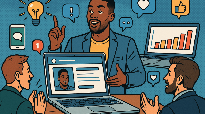 Illustration of men in casual business attire presenting in a open laptops with productivity apps setting, with a creative mood.