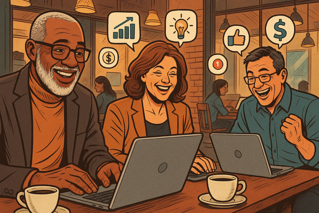 Illustration of diverse entrepreneurs over 40 in a coffee shop settings setting, with a happy mood.