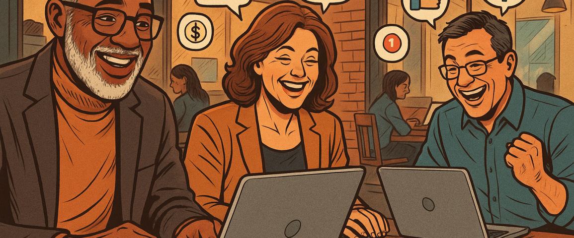 Illustration of diverse entrepreneurs over 40 in a coffee shop settings setting, with a happy mood.