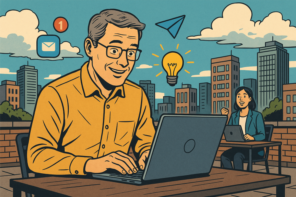 Illustration of mature professionals on laptops in a urban rooftop offices setting, with a inspired mood.