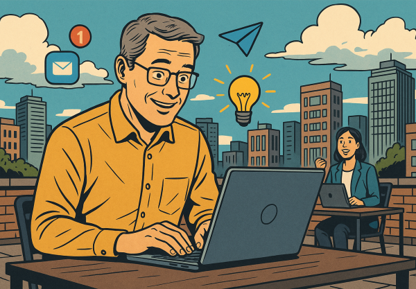 Illustration of mature professionals on laptops in a urban rooftop offices setting, with a inspired mood.