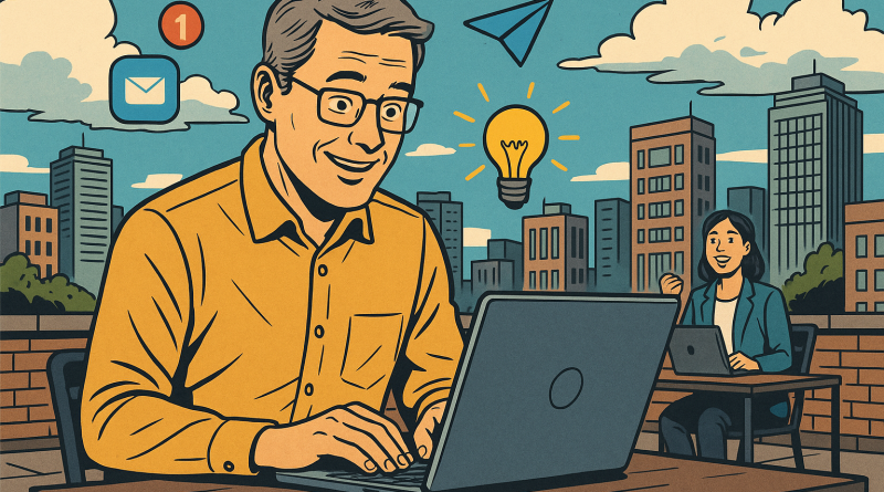 Illustration of mature professionals on laptops in a urban rooftop offices setting, with a inspired mood.