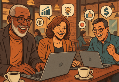 Illustration of diverse entrepreneurs over 40 in a coffee shop settings setting, with a happy mood.