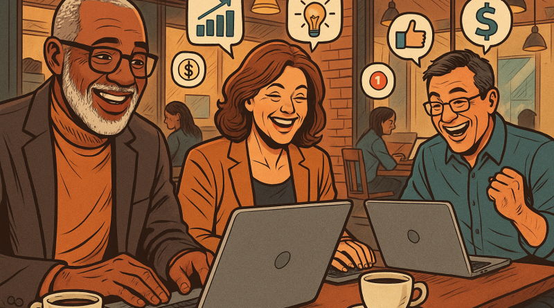 Illustration of diverse entrepreneurs over 40 in a coffee shop settings setting, with a happy mood.